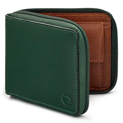 Image of Yoshi Mens RFID Blocking Full Zip Around Leather Coin Pocket Wallet (Green/Brown)