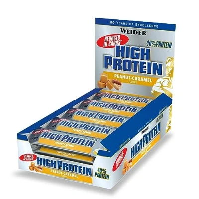 Image of Weider 40% Protein Low Carb Bar (24 x 50g) Peanut Caramel Flavour. Chocolate Coated with High Reduced Content. Muscle Building &amp; Maintenance Support. Ideal Before or After Training