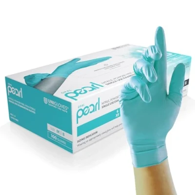 Image of Unigloves Aqua Blue Pearl Nitrile Examination Gloves Multipurpose, Powder Free and Latex Disposable Box of 100 Gloves, Blue, Large (GP0094)