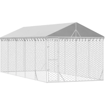 Image of &#039;vidaXL Outdoor Dog Kennel with Roof Spacious Silver Galvanised Steel Enclosure, Secure and Comfortable Habitat for Pets, Protective UV Weather Resistant