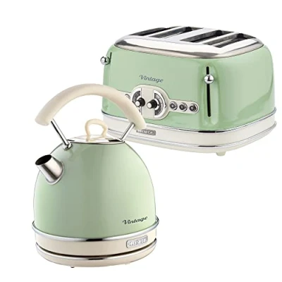 Image of Ariete ARPK40 Retro Style Dome Kettle and 4 Slice Toaster Set, Vintage Design, Green, Stainless Steel