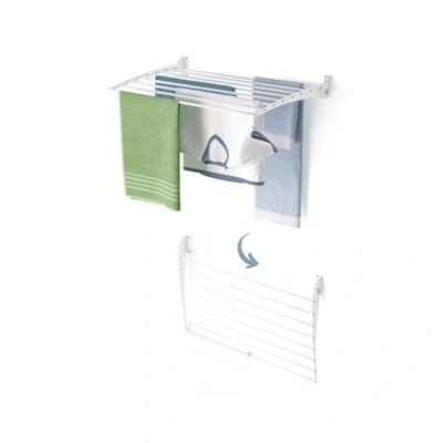 Image of Foxydry Fold, Wall Mounted Clothes Drying Rack, Foldable Aluminum Design Ideal for Indoor and Outdoor Use. Dimensions: 82x50x50 cm