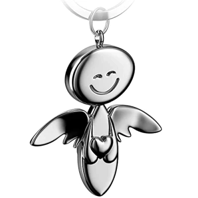 Image of Fabach Guardian Angel Keyring with smiling face and heart Elegant Pendant made of Metal, in Silver, Rose, Black, Bronze Gift, Good Luck Charm for taking the driving test Drive safely