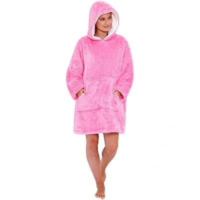 Image of Just Essentials Womens Kids Soft Fleece Hoodie Wearable Blanket Oversized Sweatshirt UK Seller Adults Fluffy Pink One Size
