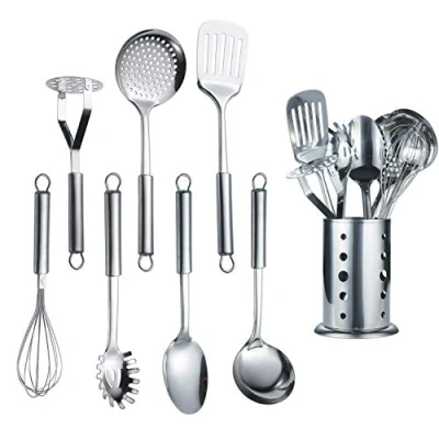 Image of Berglander Stainless Steel Kitchen Utensil 7 Piece with 1 Stand, Slotted Tuner, Ladle, Skimmer, Serving Spoon, Pasta Server,Potato Maseher, Egg Whisk. Tool Set. Kitchenware Holder.