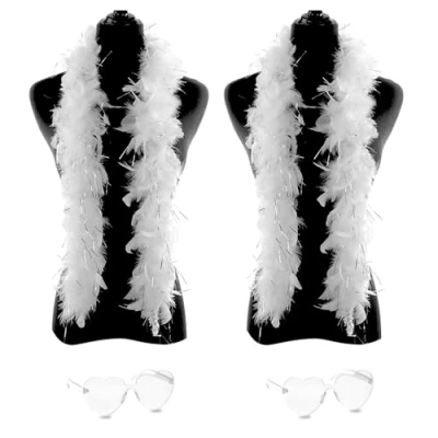 Image of db11 2 Pcs Feather Boas with Heart Rimless Sunglasses，4 ft Boa Halloween Christmas Bachelor Party Pack Accessory (White)