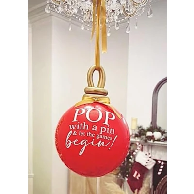 Image of Inflated Naughty Elf Arrival Large Red Christmas Bauble Filled Pop Me Balloon