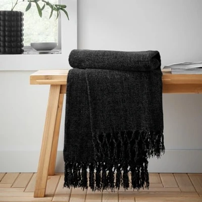 Image of Catherine Lansfield Wilson Plain Chenille 130x170cm Blanket Throw Black