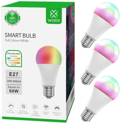 Image of WOOX WiFi Colour Changing Smart Light Bulbs, Works with Amazon Alexa, Tuya and Google Home (E27 3 Pack)