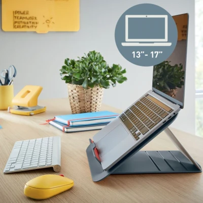 Image of Leitz Adjustable Laptop Stand, Compact Holder With 4 Height Settings, 80% Recycled Plastic &amp; 100% Recycable, Ergo Cosy Range, Velvet Grey, 312 x 50 247mm, 64260089