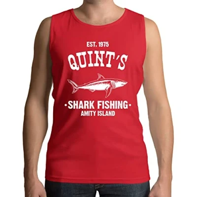 Image of Mens Quints Fishing Shark Jaws Inspired Amity Cult Movie Vest Tank Top Red (XXL)