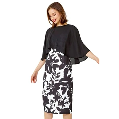Image of Roman Originals Floral Cape Detail Stretch Dress for Women UK Ladies Everyday Holiday Spring Summer Sweetheart Neckline Comfy Soft Evening Vacation Work Party Ivory Size 12