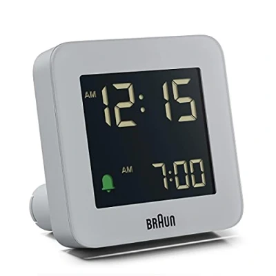 Image of Braun Digital Alarm Clock with Snooze, Negative LCD Display, Quick Set, Crescendo Beep in Grey, model BC09G.