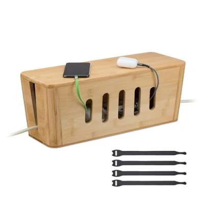 Image of Relaxdays, 2 Socket Strips, Bamboo, HWD: 16.5 x 44 16 cm, Hide &amp; Organise Cables, Computer Box, Natural