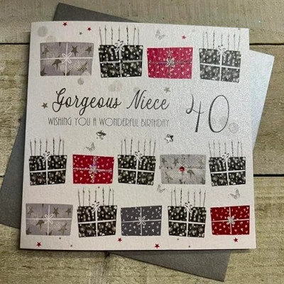 Image of white cotton cards Red Presents, Gorgeous Niece, Wishing you a Wonderful 40th Birthday Card (bdp40 n)