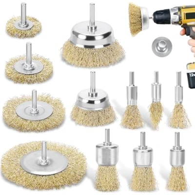 Image of DazSpirit 12 pcs Wire Brushes for Drills Set, Brass Coated Brush Wheel &amp; Cup Set with 1/4 Inch Shank Kit Rust Removal, Stripping, and Abrasive Drill Attachment