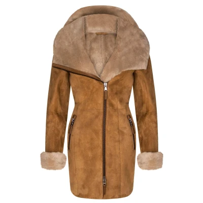 Image of Ladies Tan Hooded Shearling Sheepskin Merino Suede Leather Coat 3XL