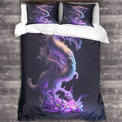 Image of GEEYOU Brave Dragon Bedding Quilt Cover Set 3D Cartoon Duvet for Kids Boys Girls Comforter Soft Bedspread 3 Piece with Zipper Closure Microfiber King（220x240cm）