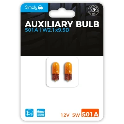 Image of Simply S501ABL 501A Amber Auxiliary Bulb Bliste,Provide Drivers with more time to React Changes in Traffic Situations ,Oranger, 12V 5W, Base W2.1 x 9.5D, Orange