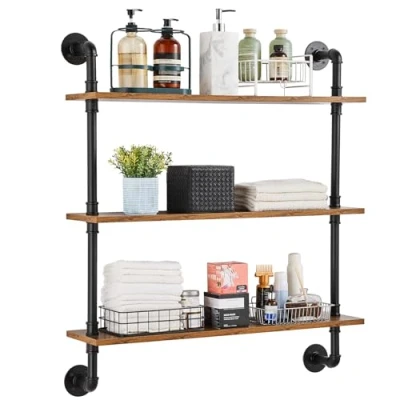 Image of VEVOR Industrial Pipe Shelf, 3 Tier 32x7.87in, Wall Mount Floating Rustic Wood Shelves Bracket Display Bookshelf, Storage Rack Sundries Holder for Kitchen Bedroom Bathroom Living Room, Black
