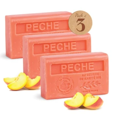 Image of Maison du Savon de Marseille French Soap made with Organic Shea Butter Moisturising for Soft Skin Peach Fragrance 125 Gram Bars Set of 3