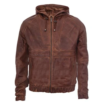 Image of Men&#039;s Casual Tan Nappa Leather Biker Jacket with Hood L