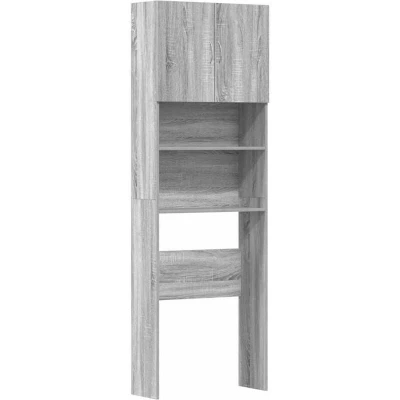 Image of vidaXL Washing Machine Cabinet Engineered Wood Storage Unit 64x24x190 cm Bathroom/Laundry Room Organizer Grey Sonoma Finish with Doors &amp; Open Compartments