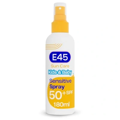 Image of E45 Kids and Baby Sunscreen SPF50+ Spray For Face With Avocado Oil UVA UVB Protection Dermatologically Tested Fragrance Free Suitable Dry, Sensitive Eczema Prone Skin (180ml)