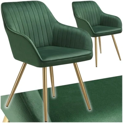 Image of TecTake® Set of 2 Dining Chairs with Quilted, Velvet Look Covers, Softly Padded Armchair Continuous Backrests &amp; Golden Steel Legs, Ideal Kitchen, Living Room Desk Dark Green/Gold