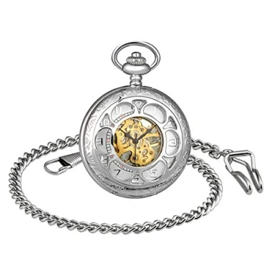 Image of MICGIGI Men/Women Mechanical Hand Wind Pocket Watch Retro Windmill Fob Watches with Chain(Silver)