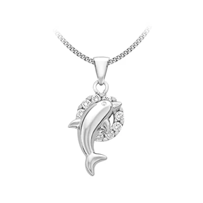 Image of Carissima Gold Women&#039;s 9 ct White Cubic Zirconia Hoop and Dolphin Pendant on Curb Chain Necklace of 46 cm/18 inch