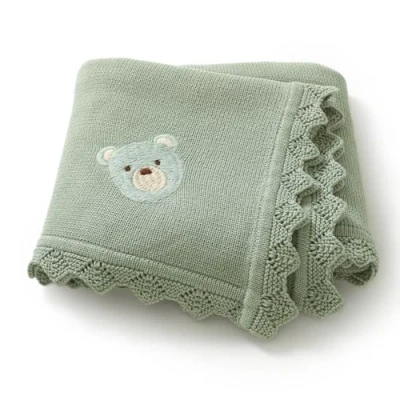 Image of DovFanny Cotton Cellular Baby Blanket Knitted Soft for Newbron Boy and Girls with Lovely Bear (sage greeen)