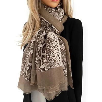 Image of The Accessory Co. Ladies Large Leopard Print Scarf for Women, Animal Scarves, Long Neck Scarf, Designer Shawl Wrap Tiger Zebra, Mustard Yellow Green Pink (Taupe Beige)