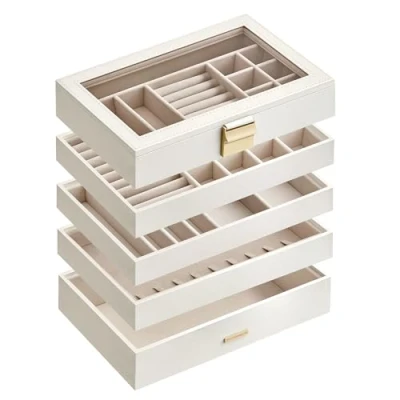 Image of SONGMICS Stackable Jewellery Trays, 5 Tier Box, Large Case, Clear Glass Lid, 17 x 28 21.8 cm, for Dressing Table, Gift Idea, Cloud White JBC194W01