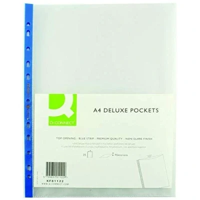 Image of Q Connect Delux Punched Pocket Top Opening Blue Strip A4 Clear (Pack of 50) KF01122 +FINCHLEY Pen Free