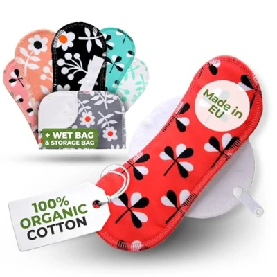 Image of Reusable Sanitary Pads Light Flow, 6 Pack + Bag (S&amp;M) Organic Cotton Washable Made in EU; Period Pads, Cloth Menstrual Teens; Incontinence for Women