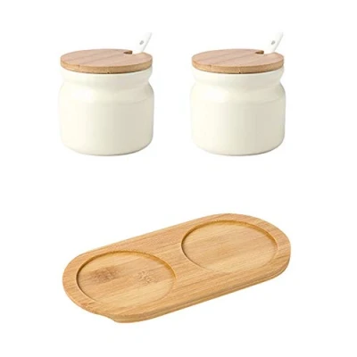 Image of OnePine Set of 2 Sugar Bowl, 300ml Ceramic Spice jar Seasoning Box Condiment Pots Salt with Lid and Spoon for Kitchen