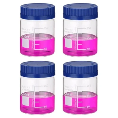 Image of Yominerr 4 Pack Reagent Media Storage Bottles, 250ml Borosilicate Glass Wide Mouth Graduated Round Bottles with GL32 Screw Cap