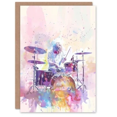 Image of Artery8 Greeting Card Rainbow Modern Watercolour Portrait Drummer Drums Blank For All Him Or Her Art Birthday