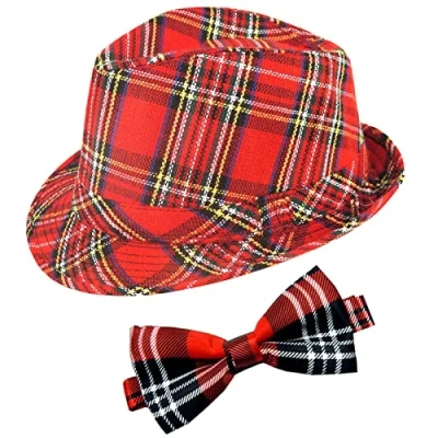 Image of labreeze Scottish Tartan Trilby Hat with Red Bow Tie Burns Night Fancy Dress