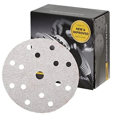 Image of Mirka Basecut White Hook and Loop It 150mm 6 Inch Sanding Discs Box 50 Abrasive P40 Grit Automotive Refinishing Sandpaper 15 Hole Vacuum Dust Extraction System