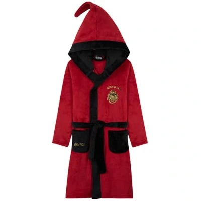 Image of Harry Potter Girls Fleece Dressing Gown with Hood Pockets Tie Waist, Cosy Robe Gifts for (Red/Black, 7 8 Years)