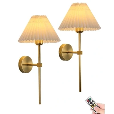 Image of ANUOMY Battery Operated Wall Sconces Set of Two with Remote,Rechargeable Lights Timer,Indoor Non Hardwired Wireless Lamp Light Fixtures Gold for Bedroom Living Room Bathroom