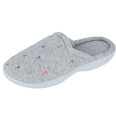 Image of Isotoner Women&#039;s Terry Slip on Clog Slipper with Memory Foam for Indoor/Outdoor Comfort, Heather Grey Flower, 5.5/6 UK