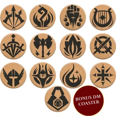 Image of HQ Cork DND Coasters Set of 12 Class +1 DM Icon Great Nerdy Gift for D&amp;D Players, Gamers, DM, Men or Women Dungeons &amp; Dragons Accessories Home Decor, Mugs, Drinks, Table Decoration