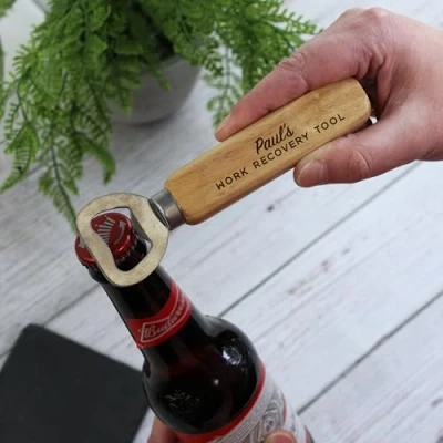 Image of eBuyGB Personalised Work Recovery Tool Bottle Opener, Wooden Beer Funny Birthday, Christmas, Any Name, Secret Santa Gift for Him