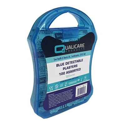 Image of 1 Pack of 100 Assorted QUALICARE Premium Ultra Thin Blue Catering First AID KIT Wound Cut PLASTERS DRESSINGS in Easy Cary Compact Box