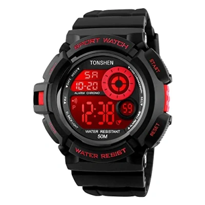 Image of TONSHEN Mens Large Face Plastic Sport Watch with Rubber Band Multicolour LED Back Light Outdoor Military 50M Waterproof Multifunction Stopwatch Electronic Digital Wirst Watches
