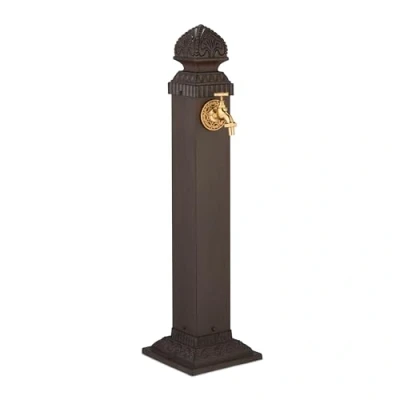 Image of Column Fountain, Garden Water Feature, Golden Tap, 81x21x24.5 cm, Standing Patio Ornament, Floor Mount, Brown Relaxdays
