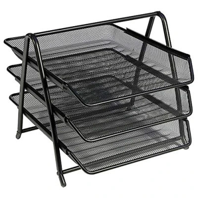 Image of OSCO Black Wiremesh Three Tier Letter Tray Document Storage A4 Filing Paper Organiser Office Desk File Sorter Easy Assembly H26.5 x W27.8 D35.5 cm